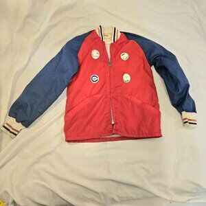 Vintage 70s Montgomery Ward Boys MED Red Blue Nylon Windbreaker Jacket Baseball